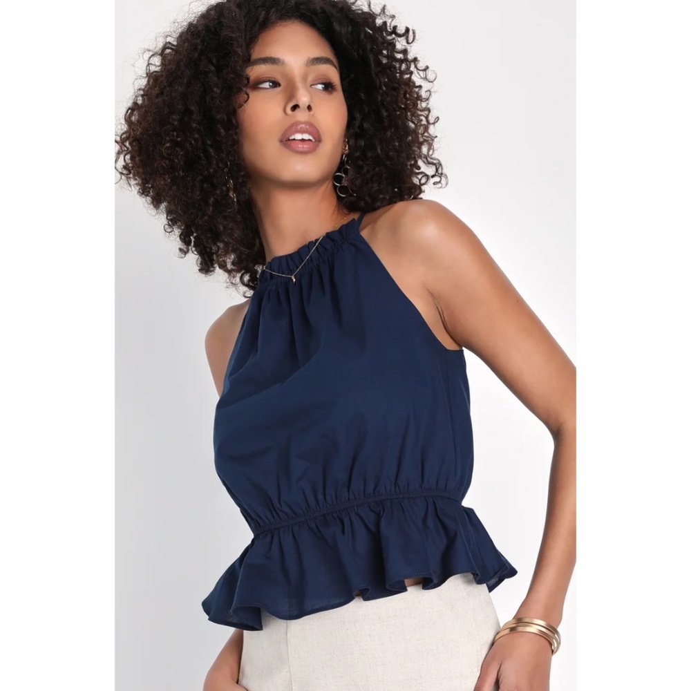 Lulu's Cutest Company Navy Blue Lace-Up Peplum Tank Top, Size M